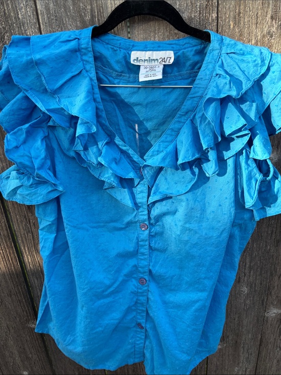 Denim 24/7 Tops - Denim 24/7 Bright Turquoise Ruffle Button-Up Blouse
